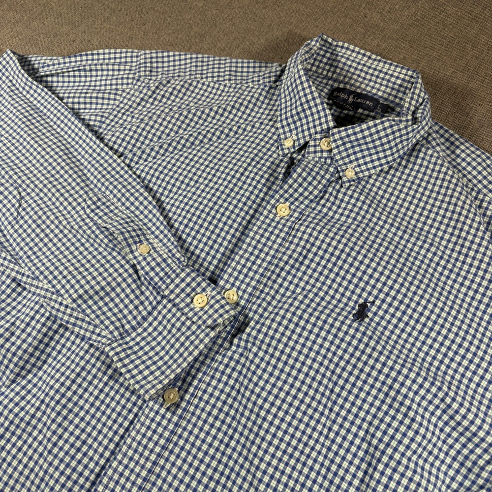 Ralph Lauren Button Down Shirt Kids Large Blue Gingham Check Long Sleeve Pony